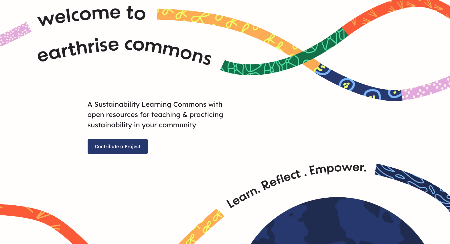 screenshot of a website homepage with colorful graphics that says welcome to earthrise commons